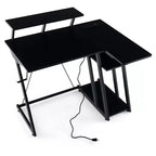 Bureau gaming en L Costway avec prises et ports USB, étagère pour écran et support de casque Noir/Blanc/Rose