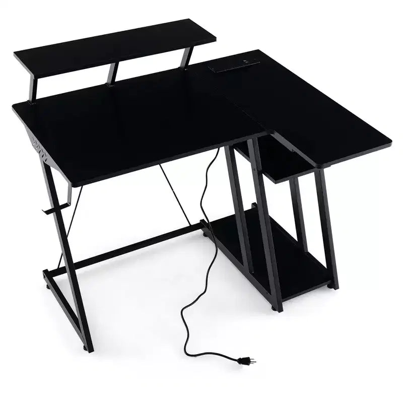 Bureau gaming en L Costway avec prises et ports USB, étagère pour écran et support de casque Noir/Blanc/Rose
