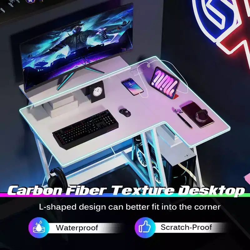 Bureau gaming en L Costway avec prises et ports USB, étagère pour écran et support de casque Noir/Blanc/Rose