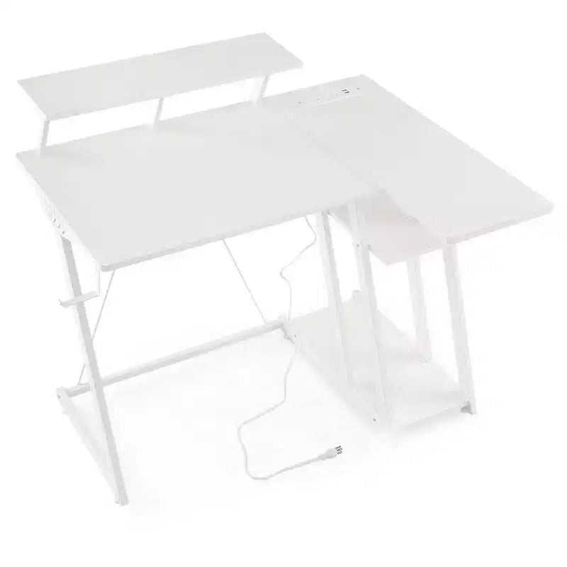 Bureau gaming en L Costway avec prises et ports USB, étagère pour écran et support de casque Noir/Blanc/Rose