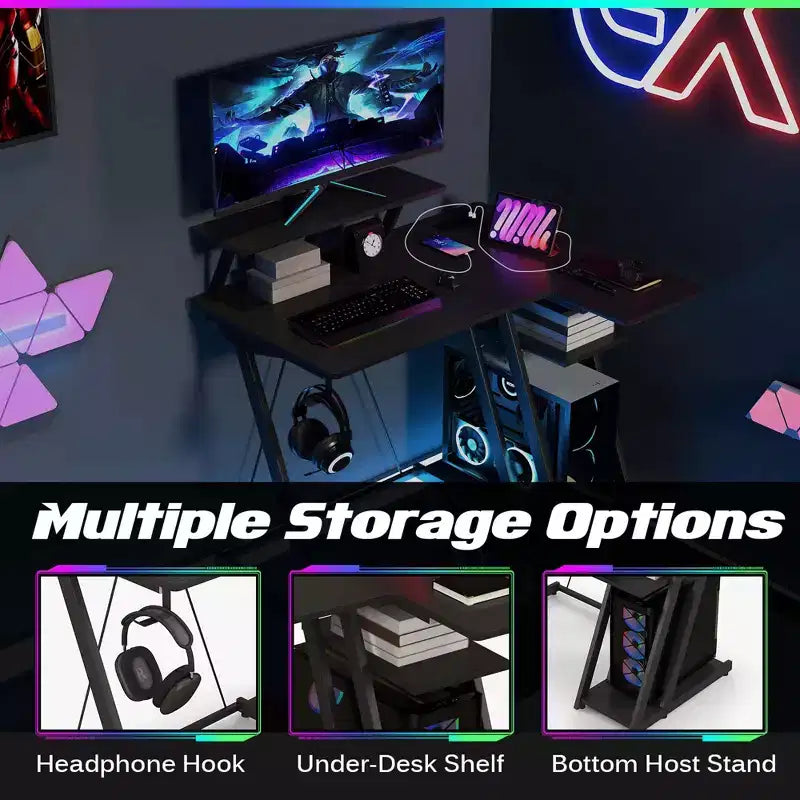 Bureau gaming en L Costway avec prises et ports USB, étagère pour écran et support de casque Noir/Blanc/Rose