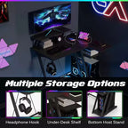 Bureau gaming en L Costway avec prises et ports USB, étagère pour écran et support de casque Noir/Blanc/Rose