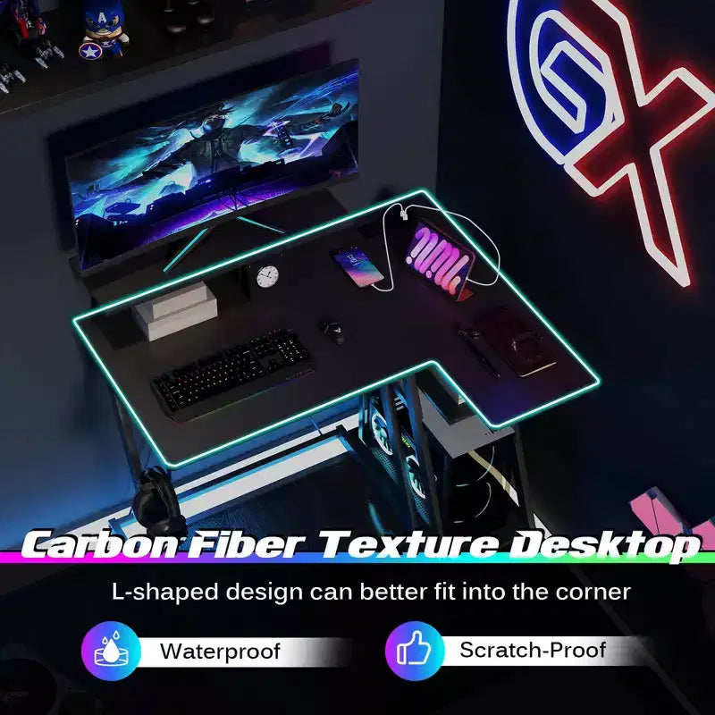 Bureau gaming en L Costway avec prises et ports USB, étagère pour écran et support de casque Noir/Blanc/Rose