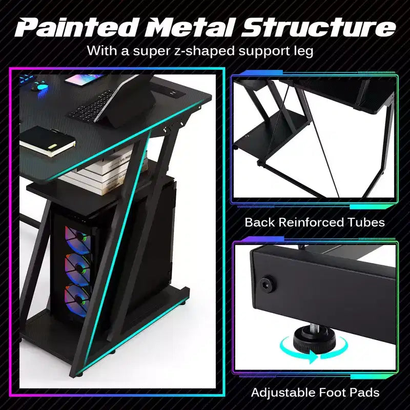 Bureau gaming en L Costway avec prises et ports USB, étagère pour écran et support de casque Noir/Blanc/Rose