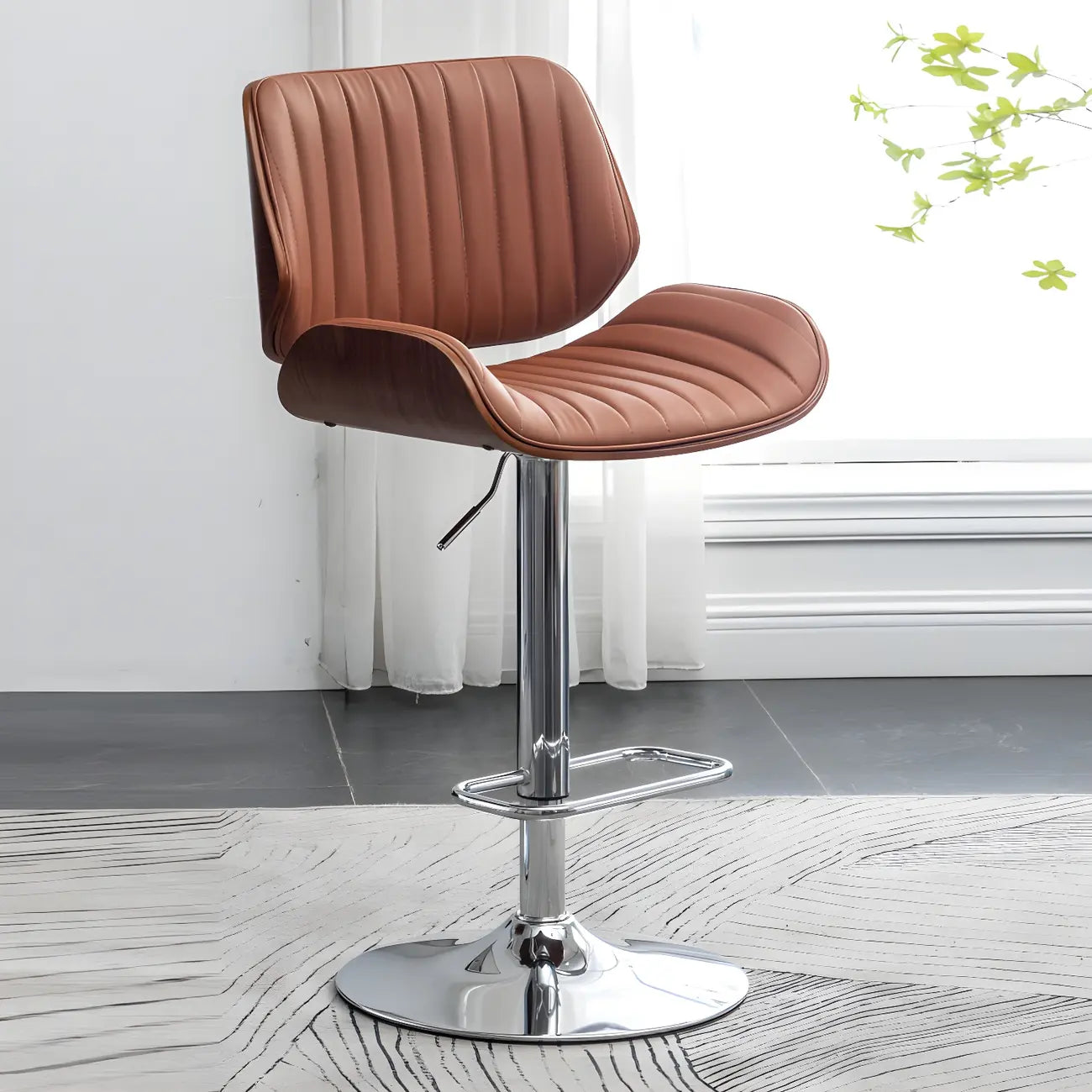 Tabouret de bar pivotant et réglable en bois et cuir rouge élégant
