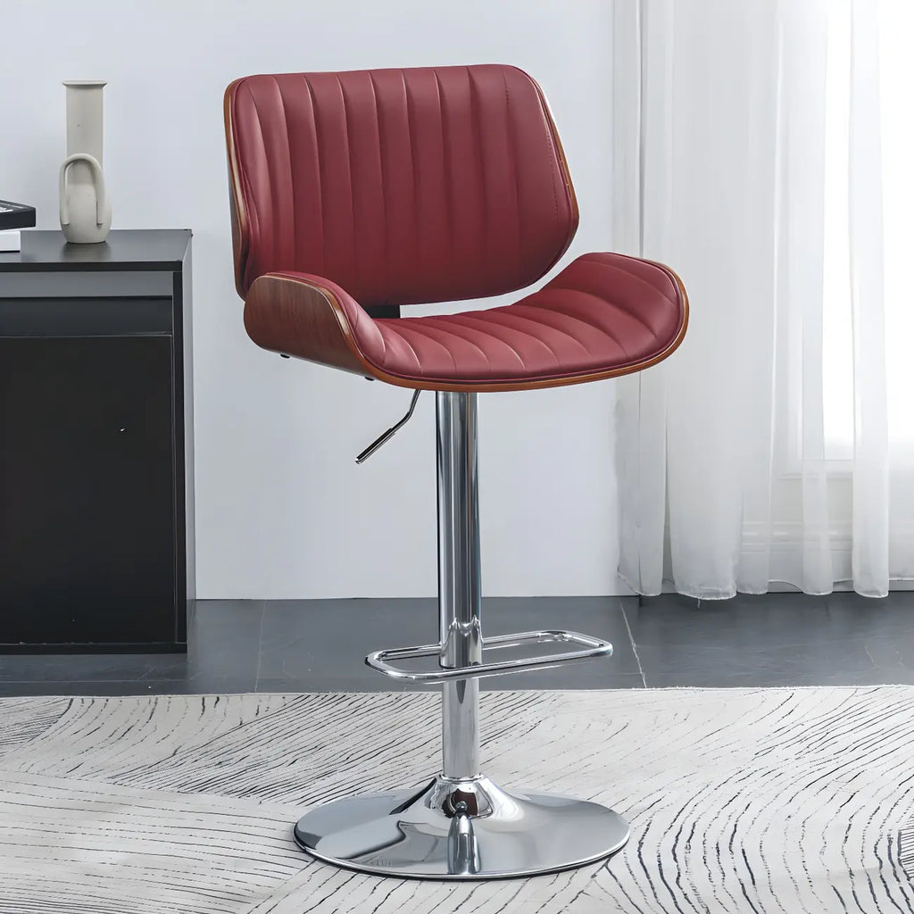 Tabouret de bar pivotant et réglable en bois et cuir rouge élégant