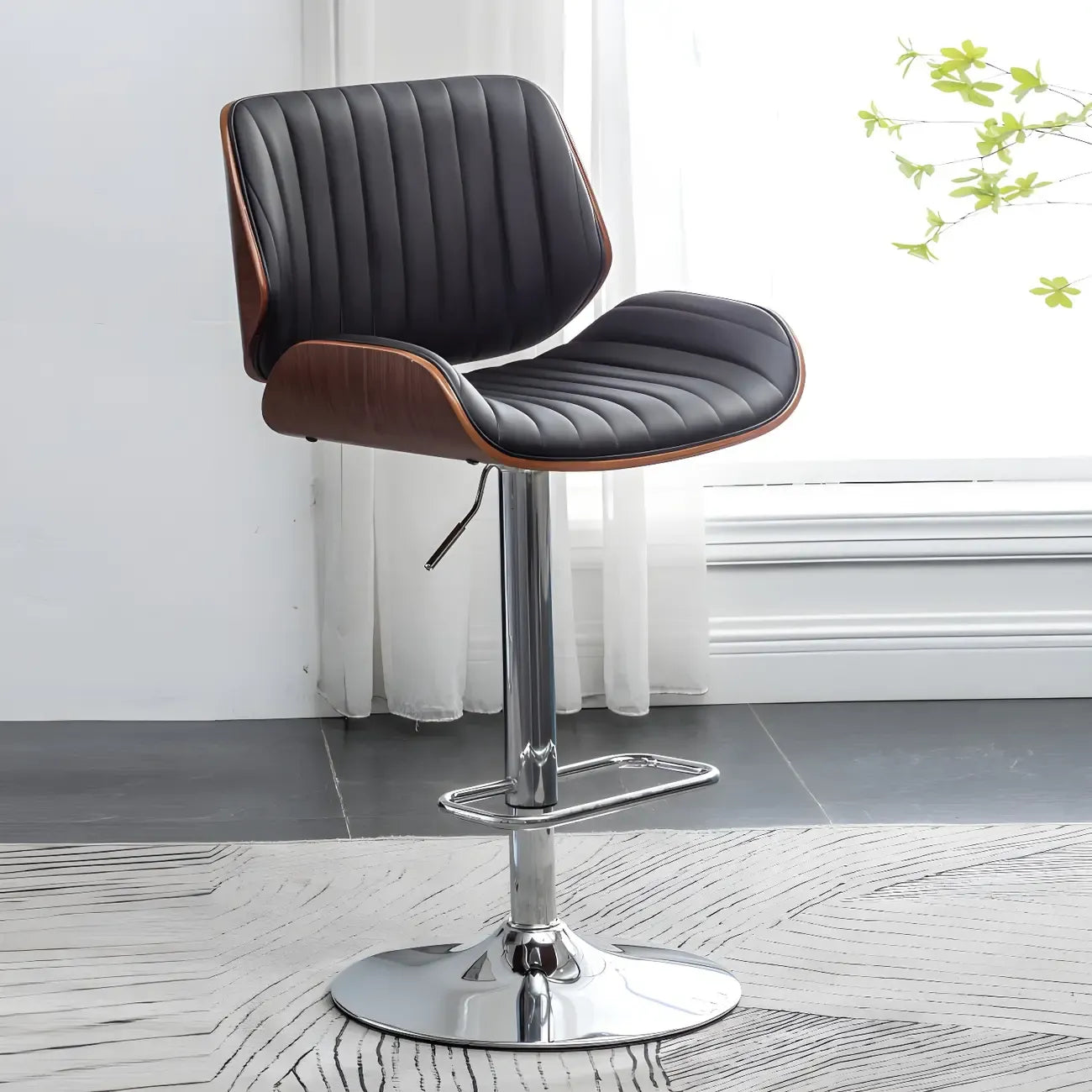 Tabouret de bar pivotant et réglable en bois et cuir rouge élégant