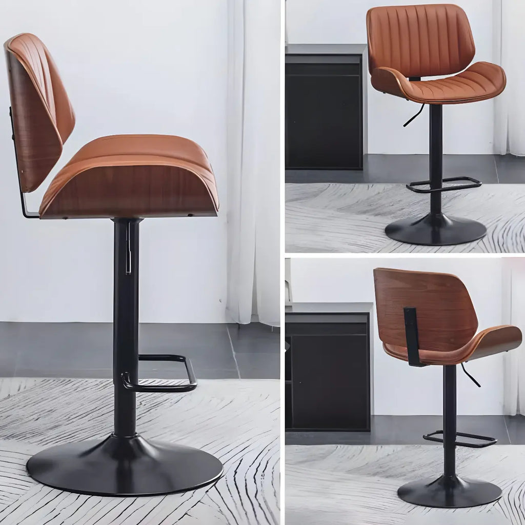 Tabouret de bar pivotant et réglable en bois et cuir rouge élégant