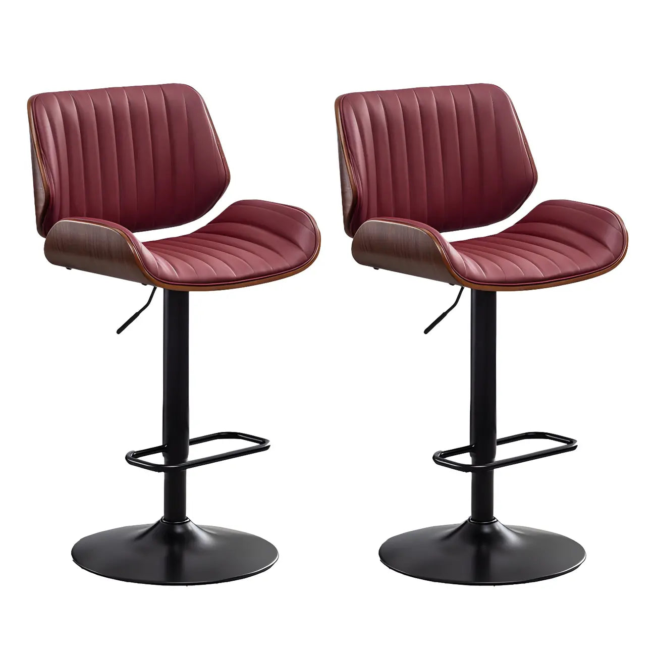 Tabouret de bar pivotant et réglable en bois et cuir rouge élégant