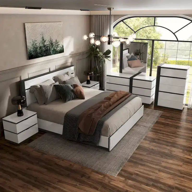 Ensemble de chambre à coucher Conjira moderne en bois blanc, 6 pièces, avec plateforme de rangement et ports USB, par Furniture of America