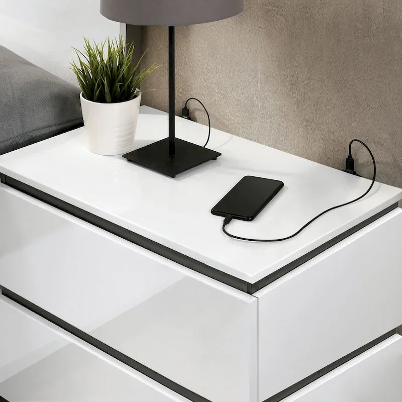 Ensemble de chambre à coucher Conjira moderne en bois blanc, 6 pièces, avec plateforme de rangement et ports USB, par Furniture of America