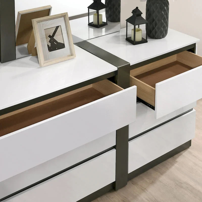 Ensemble de chambre à coucher Conjira moderne en bois blanc, 6 pièces, avec plateforme de rangement et ports USB, par Furniture of America