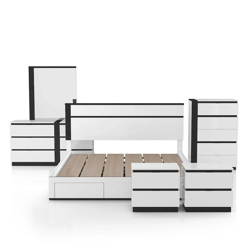 Ensemble de chambre à coucher Conjira moderne en bois blanc, 6 pièces, avec plateforme de rangement et ports USB, par Furniture of America