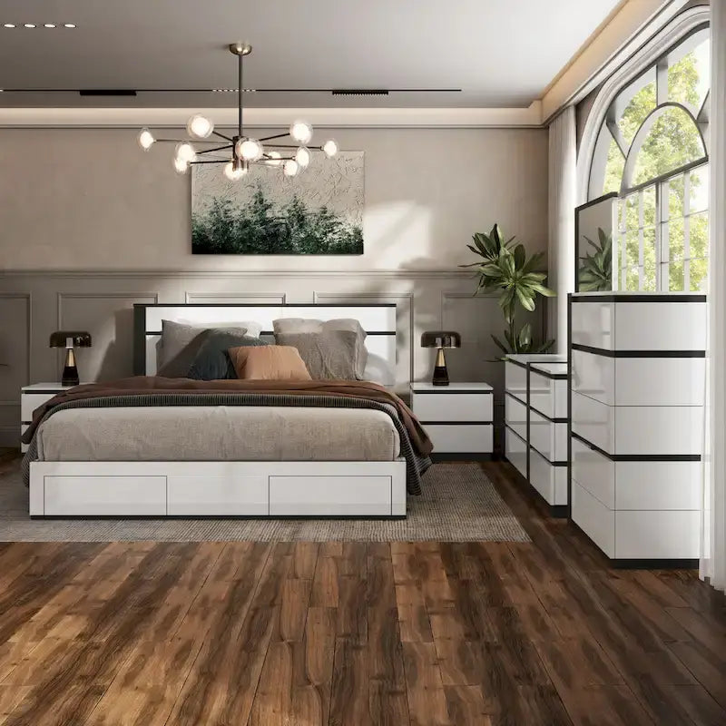 Ensemble de chambre à coucher Conjira moderne en bois blanc, 6 pièces, avec plateforme de rangement et ports USB, par Furniture of America