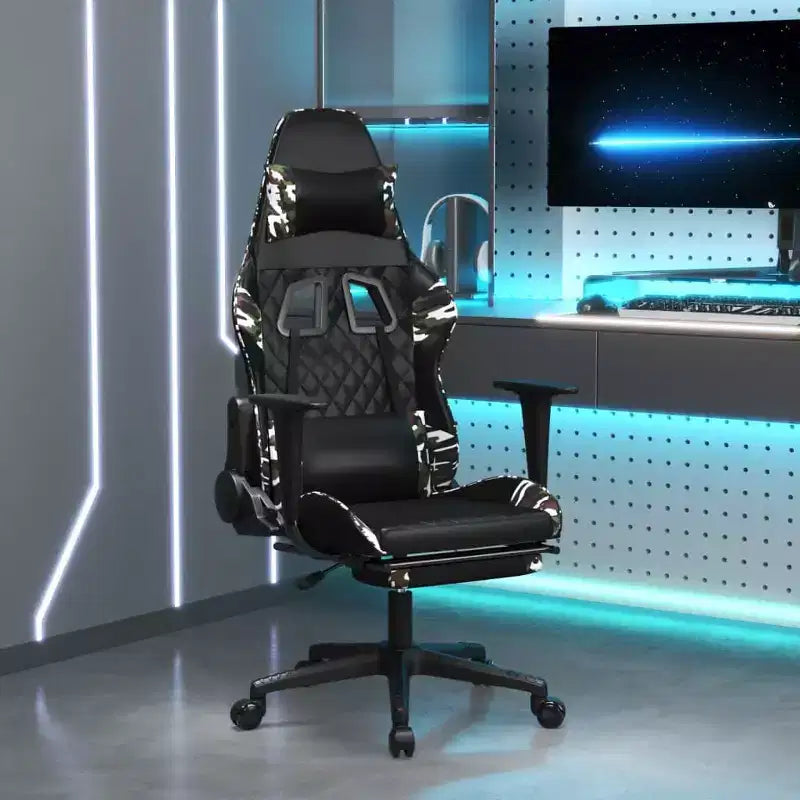 vidaXL Sedia da Gaming con Poggiapiedi, Nera e Mimetica, in Similpelle