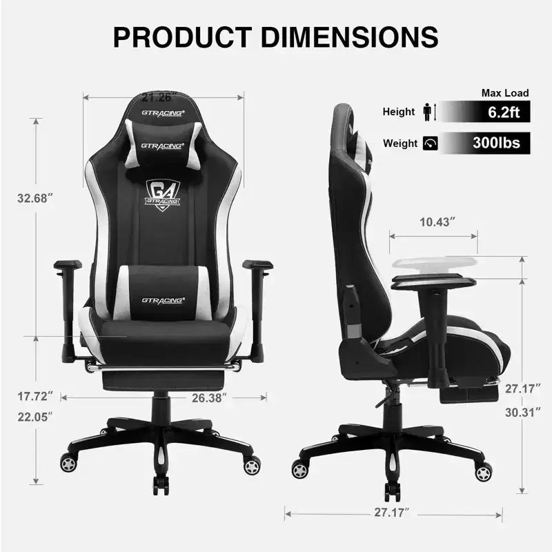 Chaise de bureau inclinable GTRACING en tissu, avec repose-pieds et hauteur réglables