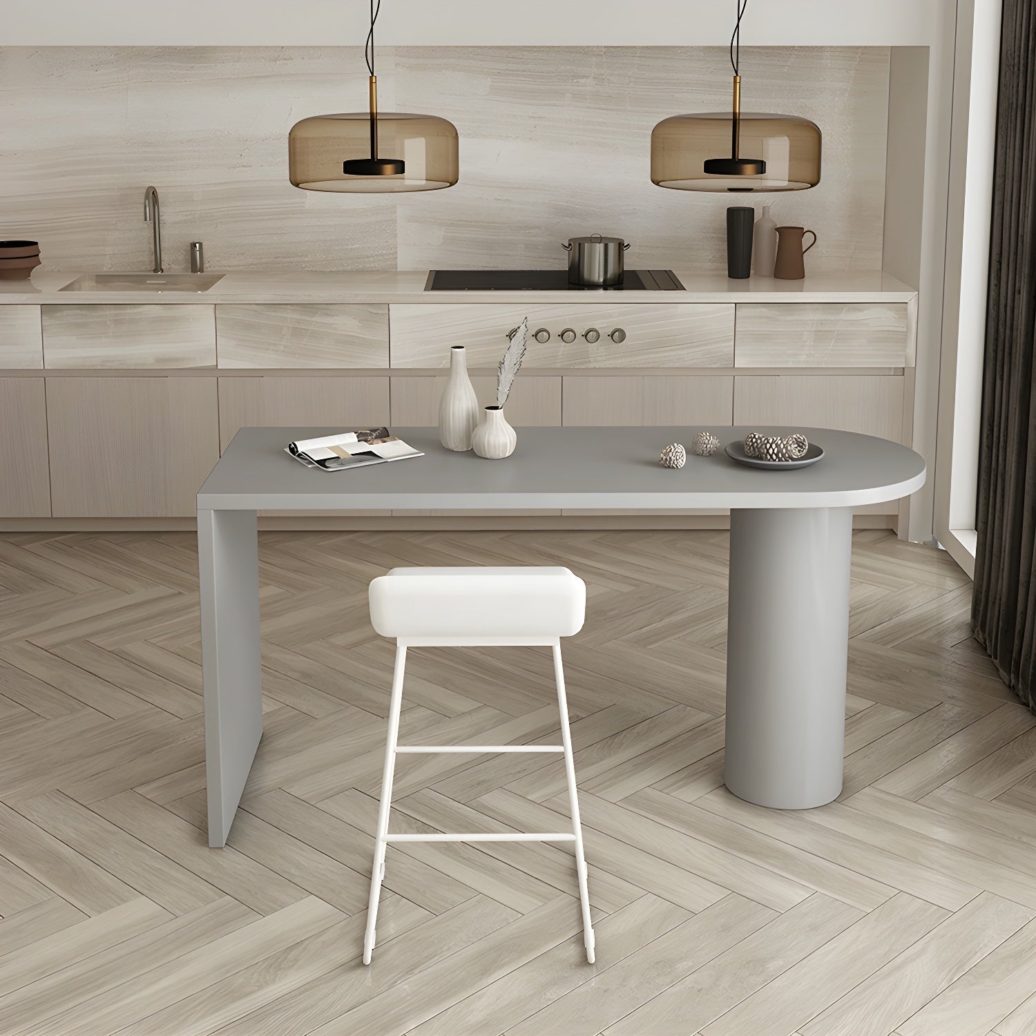 Table de bar moderne grise aux formes libres avec plateau en bois