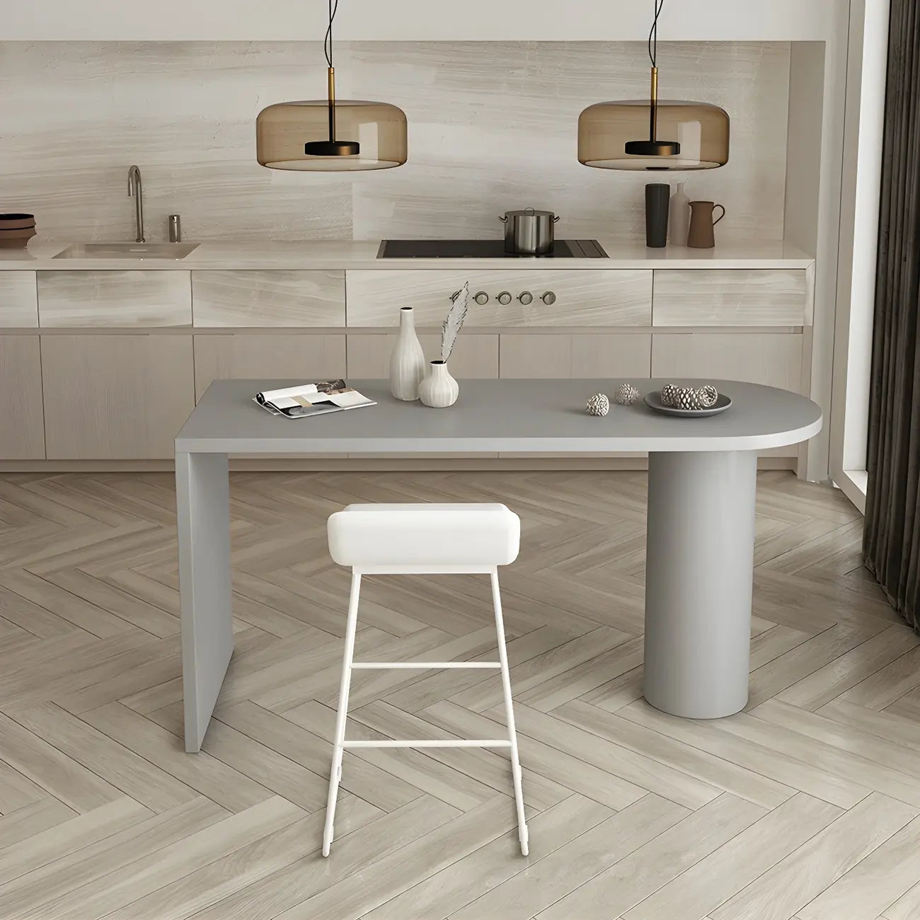 Table de bar moderne grise aux formes libres avec plateau en bois