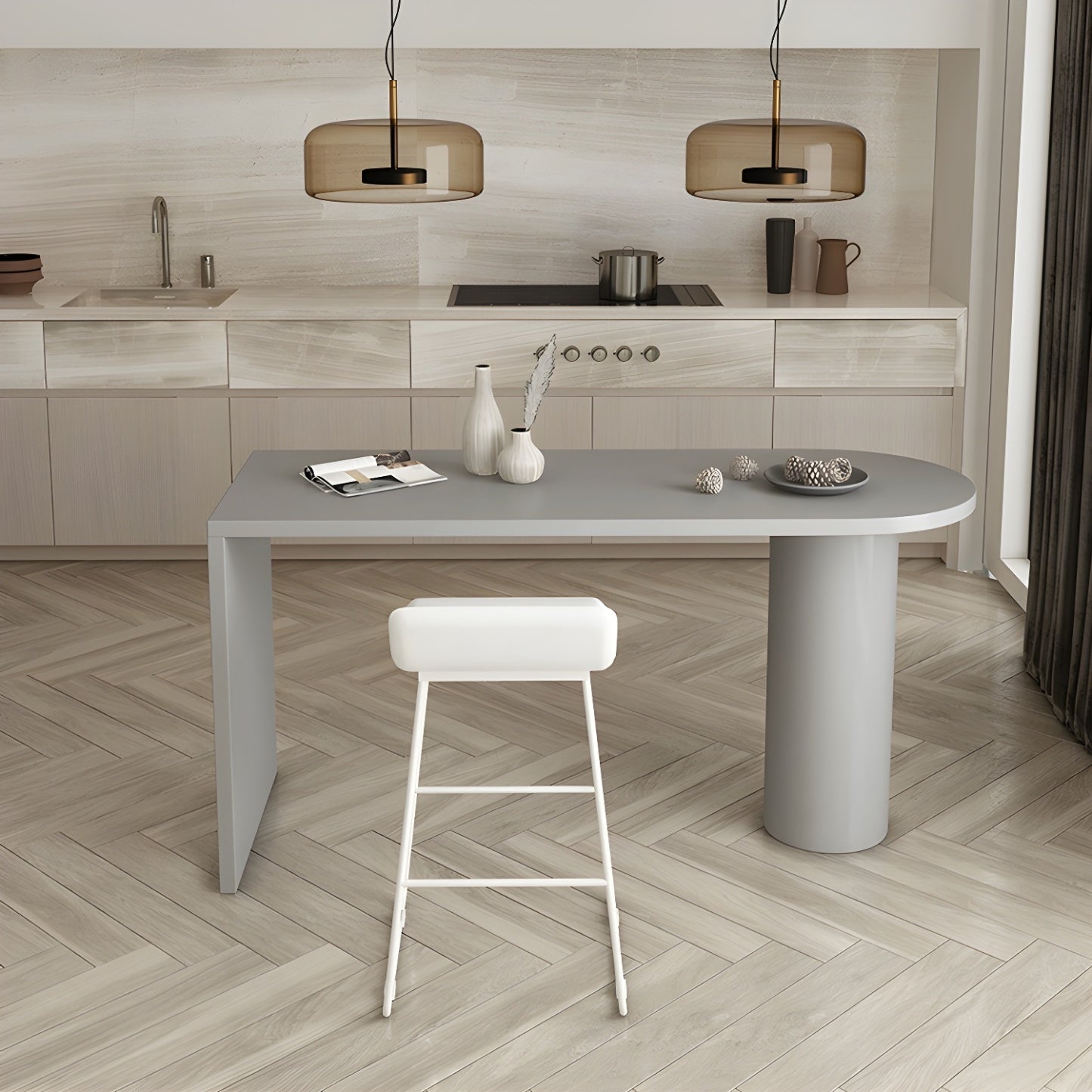 Table de bar moderne grise aux formes libres avec plateau en bois