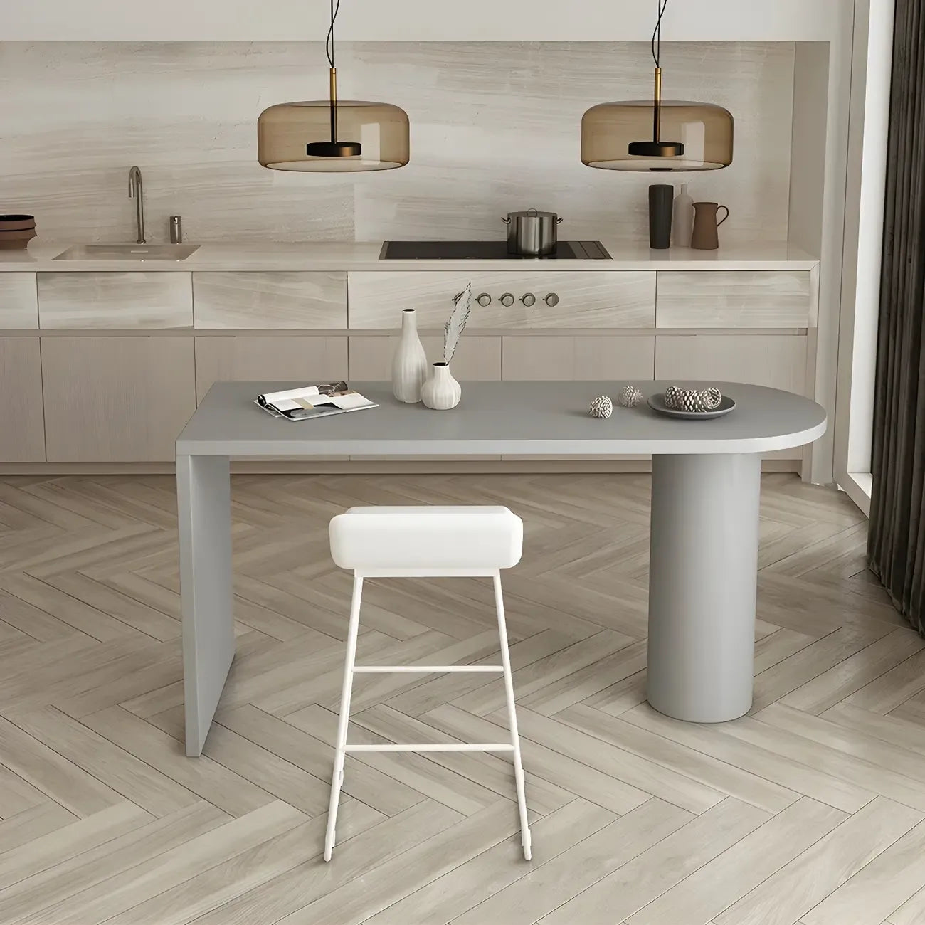 Table de bar moderne grise aux formes libres avec plateau en bois