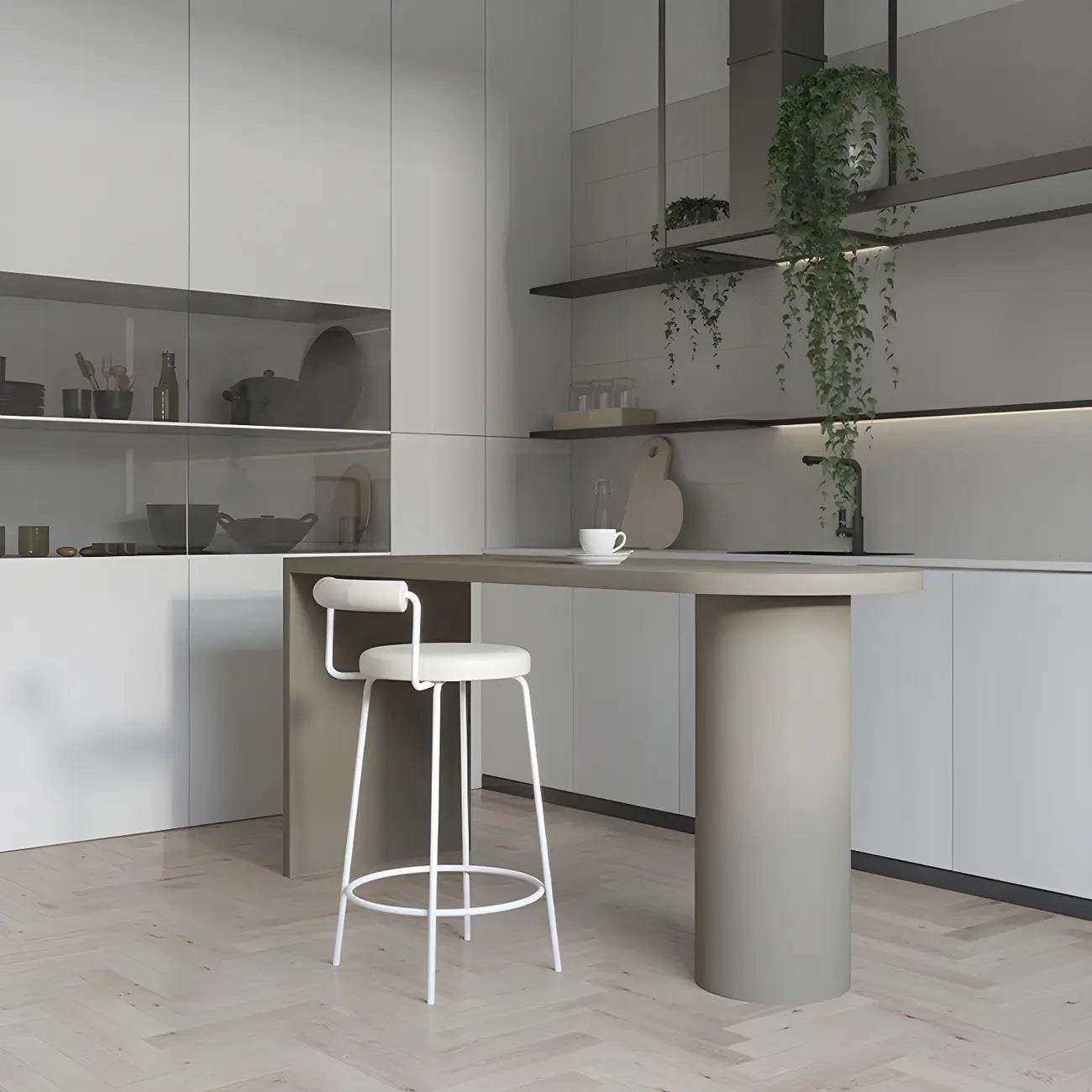 Table de bar moderne grise aux formes libres avec plateau en bois
