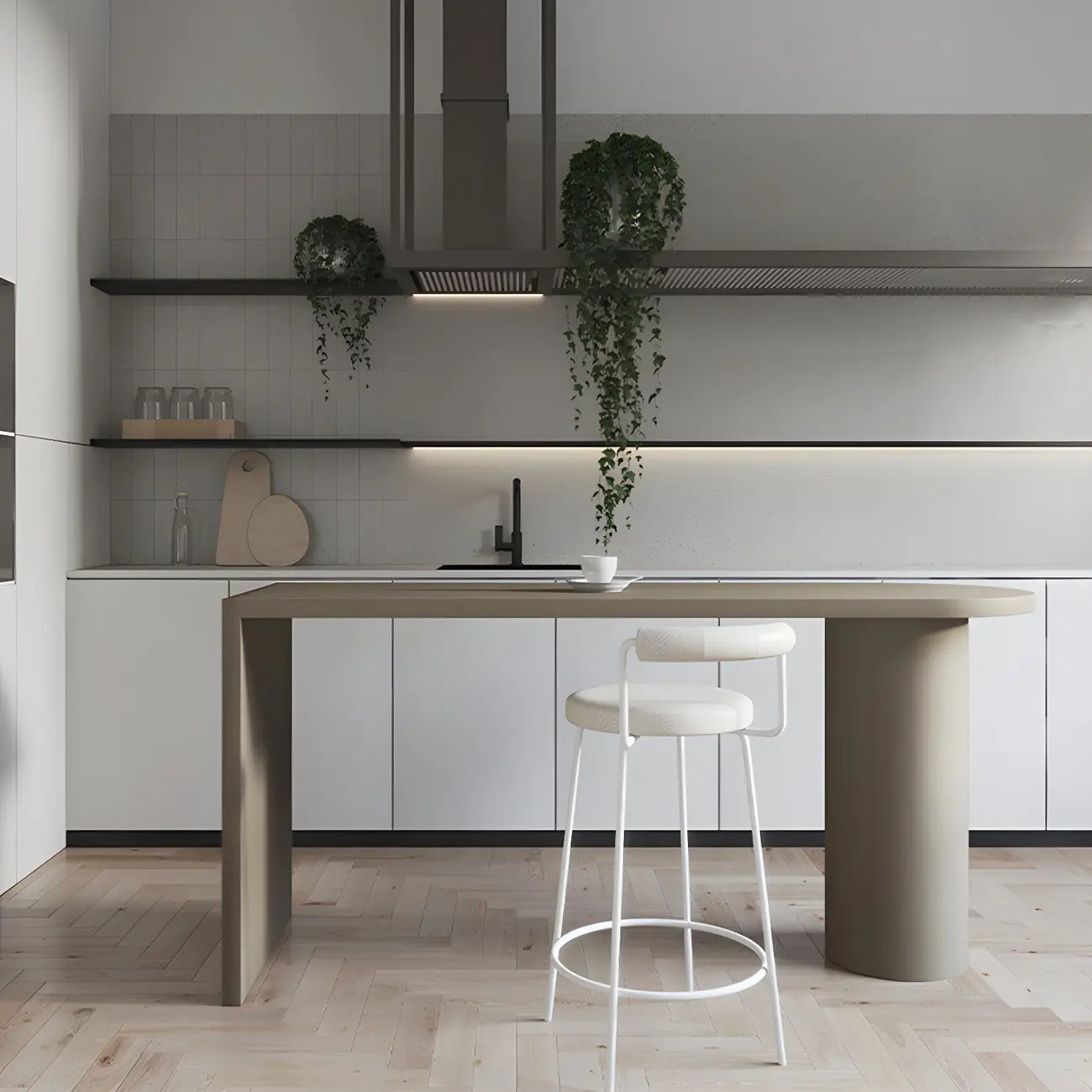 Table de bar moderne grise aux formes libres avec plateau en bois