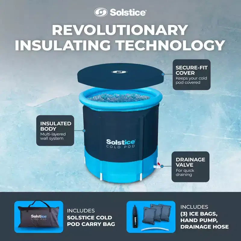 Baignoire de Plongée Froide Intérieure et Extérieure Solstice Cold Pod, Réservoir de 320 L avec 3 Sacs de Glace Réutilisables, Isolation Multicouche et Couvercle pour Athlètes