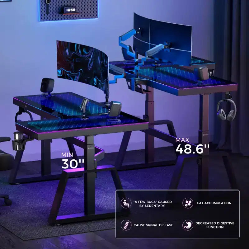 EUREKA ERGONOMIC GTG-L60 Pro, bureau de jeu assis-debout avec plateau en verre 60x23