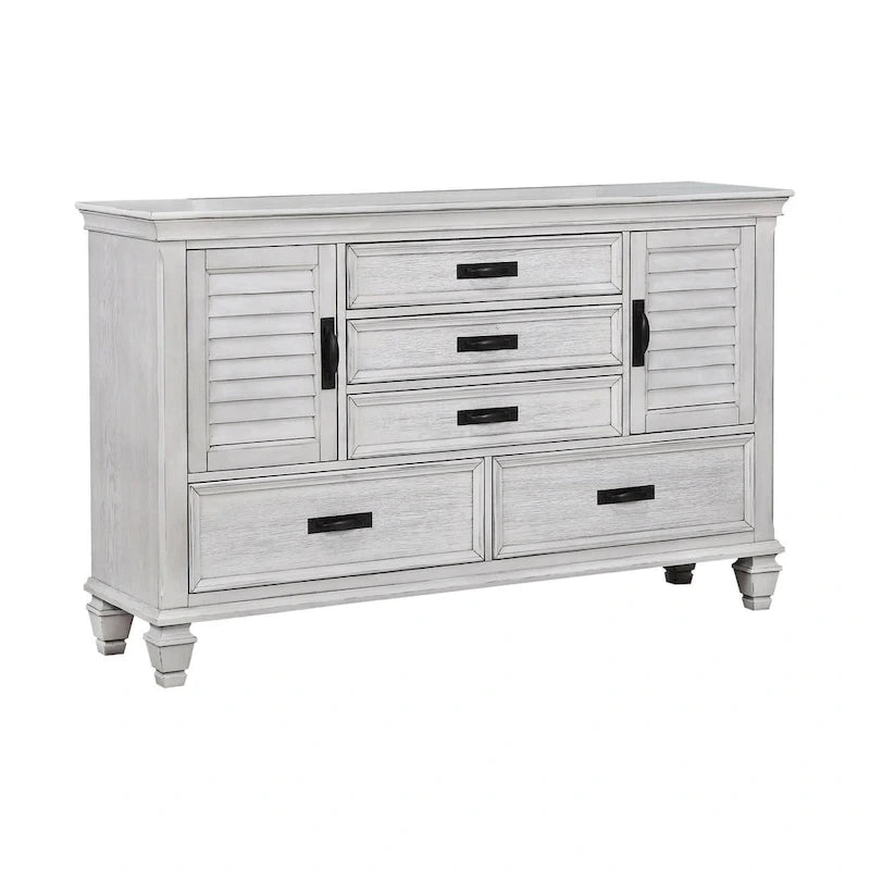 Ensemble de chambre à coucher Capistrano blanc antique 4 pièces avec 2 tables de chevet et une commode