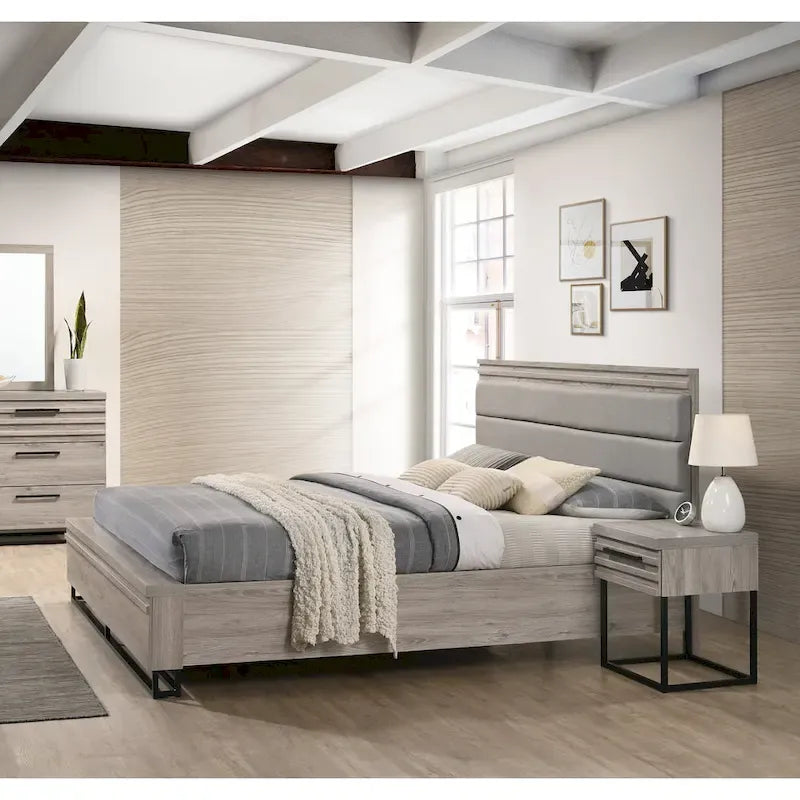 Ensemble de chambre à coucher 3 pièces Roundhill Furniture Alvear en bois rembourré, comprenant un lit à panneaux et deux tables de chevet, gris vieilli