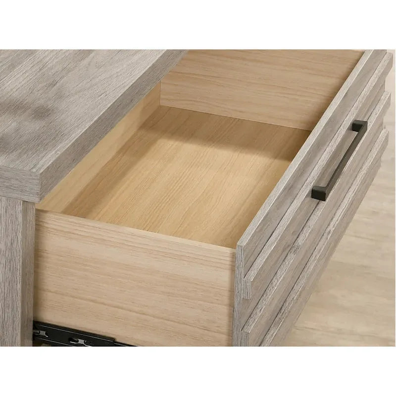 Ensemble de chambre à coucher 3 pièces Roundhill Furniture Alvear en bois rembourré, comprenant un lit à panneaux et deux tables de chevet, gris vieilli