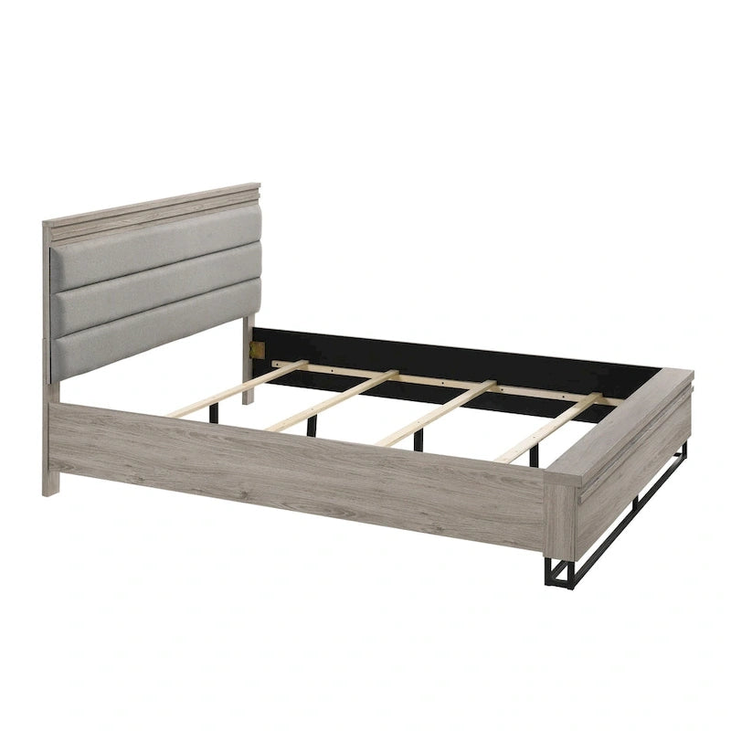 Ensemble de chambre à coucher 3 pièces Roundhill Furniture Alvear en bois rembourré, comprenant un lit à panneaux et deux tables de chevet, gris vieilli