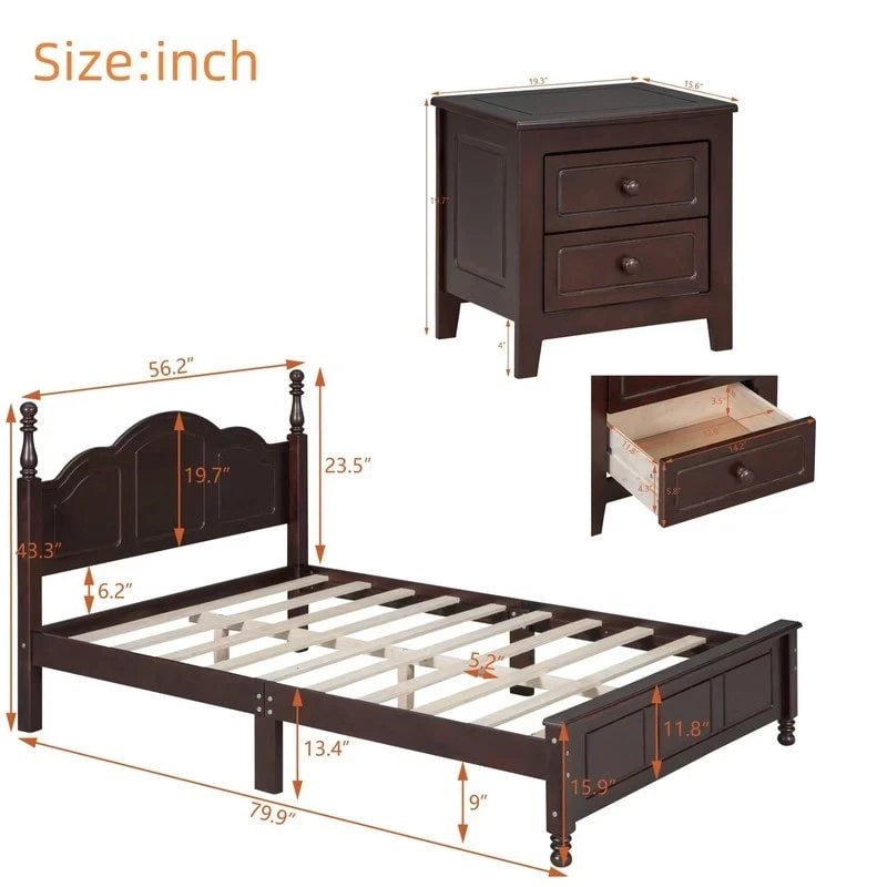 Set Letto 3 Pezzi in Legno Queen/Full Size con Design Retrò e 2 Comodini