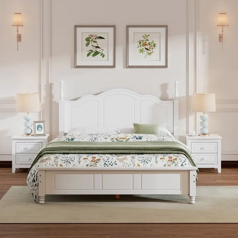 Set Letto 3 Pezzi in Legno Queen/Full Size con Design Retrò e 2 Comodini