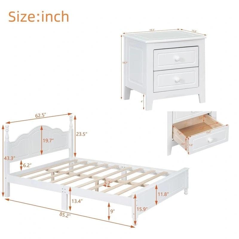 Set Letto 3 Pezzi in Legno Queen/Full Size con Design Retrò e 2 Comodini