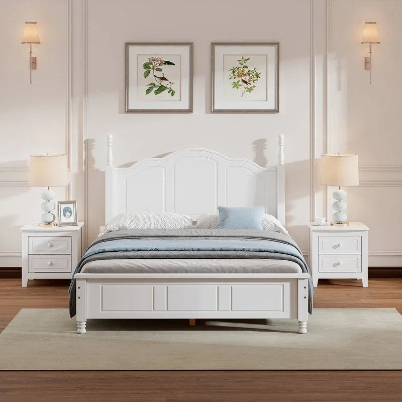 Set Letto 3 Pezzi in Legno Queen/Full Size con Design Retrò e 2 Comodini