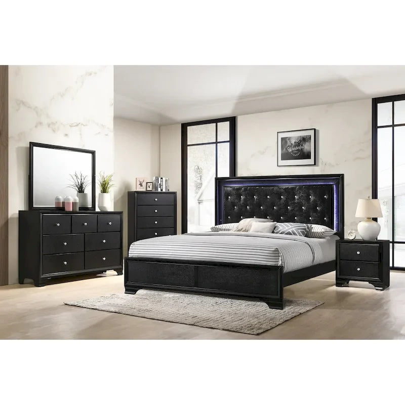 Ensemble de chambre à coucher Nathalie 4 pièces avec panneaux capitonnés en tissu noir et éclairage LED