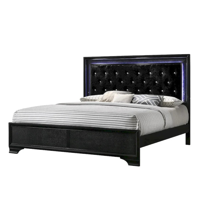 Ensemble de chambre à coucher Nathalie 4 pièces avec panneaux capitonnés en tissu noir et éclairage LED