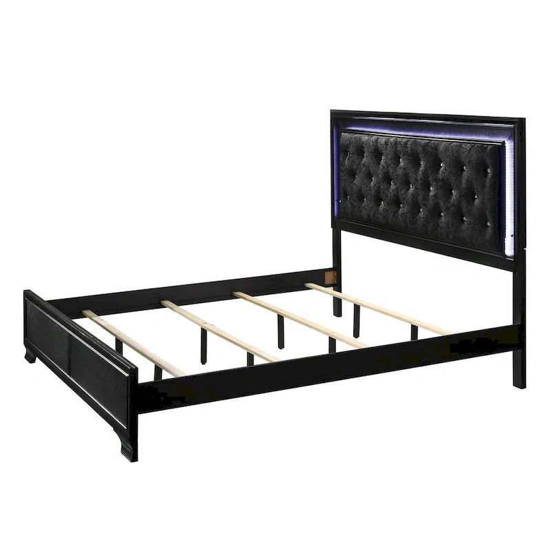 Ensemble de chambre à coucher Nathalie 4 pièces avec panneaux capitonnés en tissu noir et éclairage LED