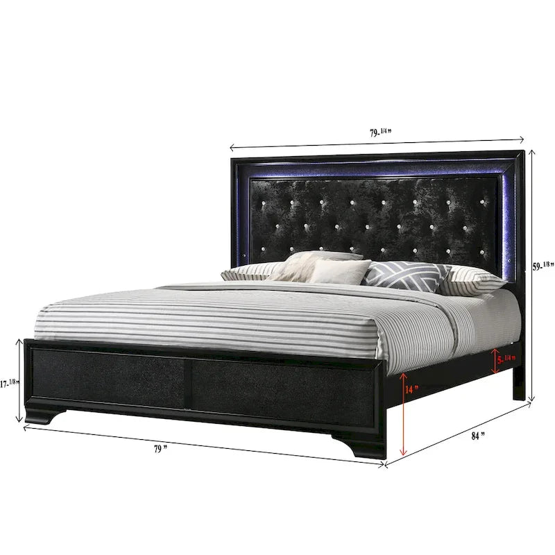 Ensemble de chambre à coucher Nathalie 4 pièces avec panneaux capitonnés en tissu noir et éclairage LED