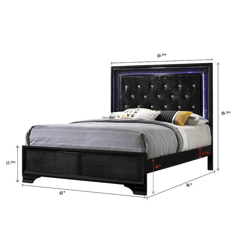 Ensemble de chambre à coucher Nathalie 4 pièces avec panneaux capitonnés en tissu noir et éclairage LED