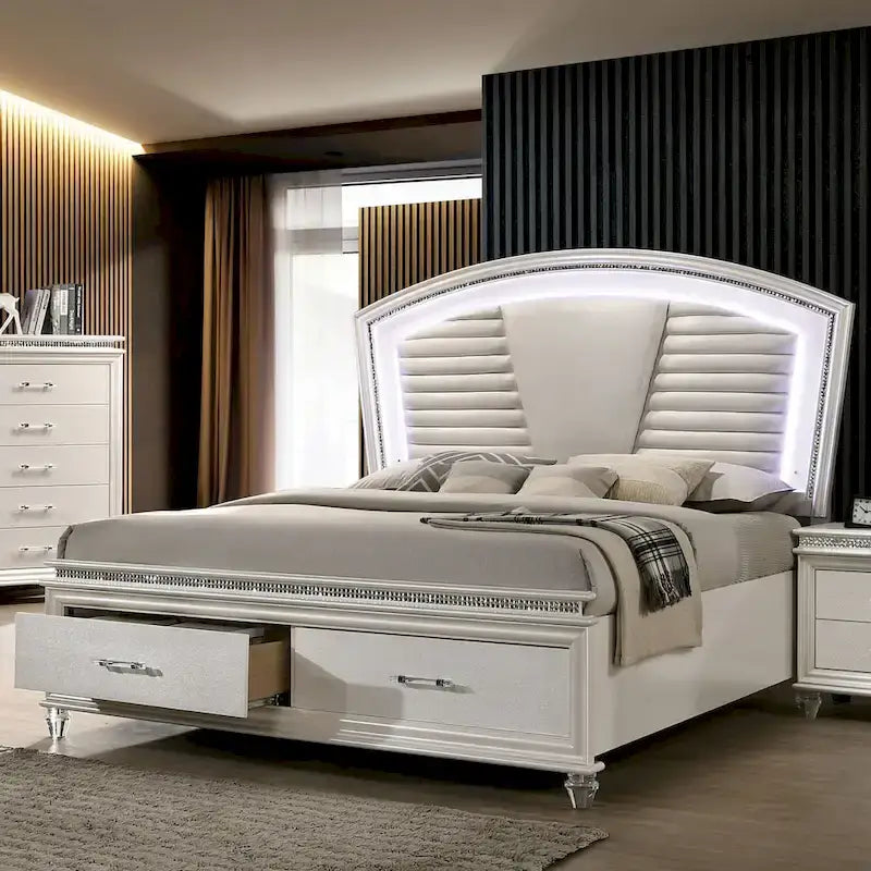 Ensemble de chambre à coucher Xian Glam en bois massif blanc, 2 pièces, avec plateforme et éclairage LED, par Furniture of America