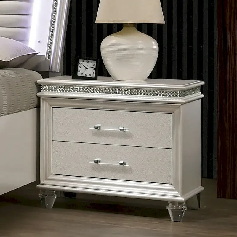 Ensemble de chambre à coucher Xian Glam en bois massif blanc, 2 pièces, avec plateforme et éclairage LED, par Furniture of America