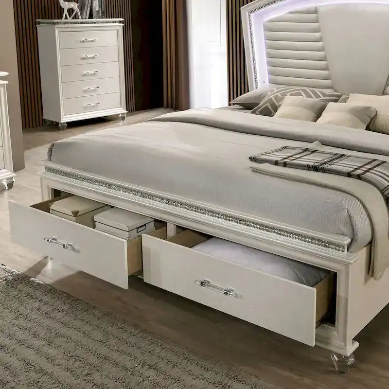 Ensemble de chambre à coucher Xian Glam en bois massif blanc, 2 pièces, avec plateforme et éclairage LED, par Furniture of America
