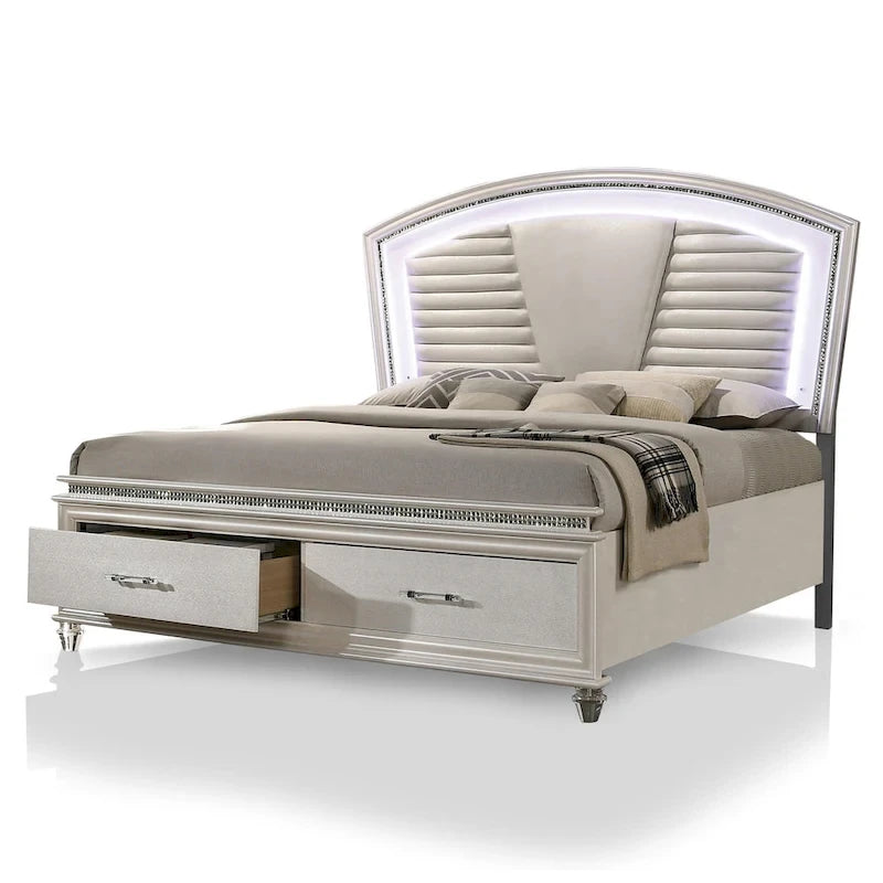 Ensemble de chambre à coucher Xian Glam en bois massif blanc, 2 pièces, avec plateforme et éclairage LED, par Furniture of America