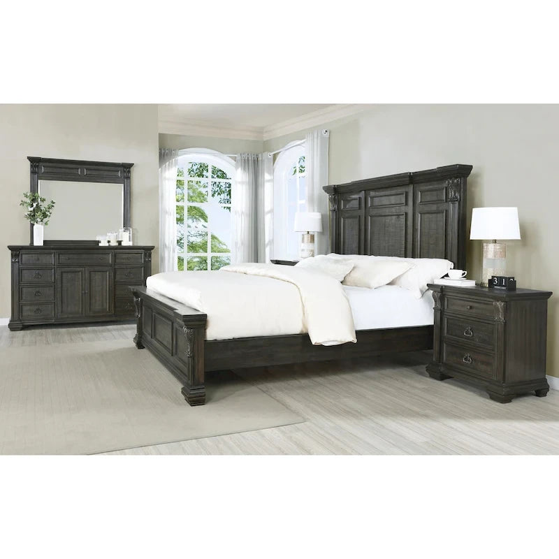 Lit, commode, miroir et deux tables de chevet en bois finition noyer foncé vieilli Farson de Roundhill Furniture