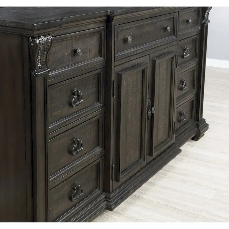 Lit, commode, miroir et deux tables de chevet en bois finition noyer foncé vieilli Farson de Roundhill Furniture