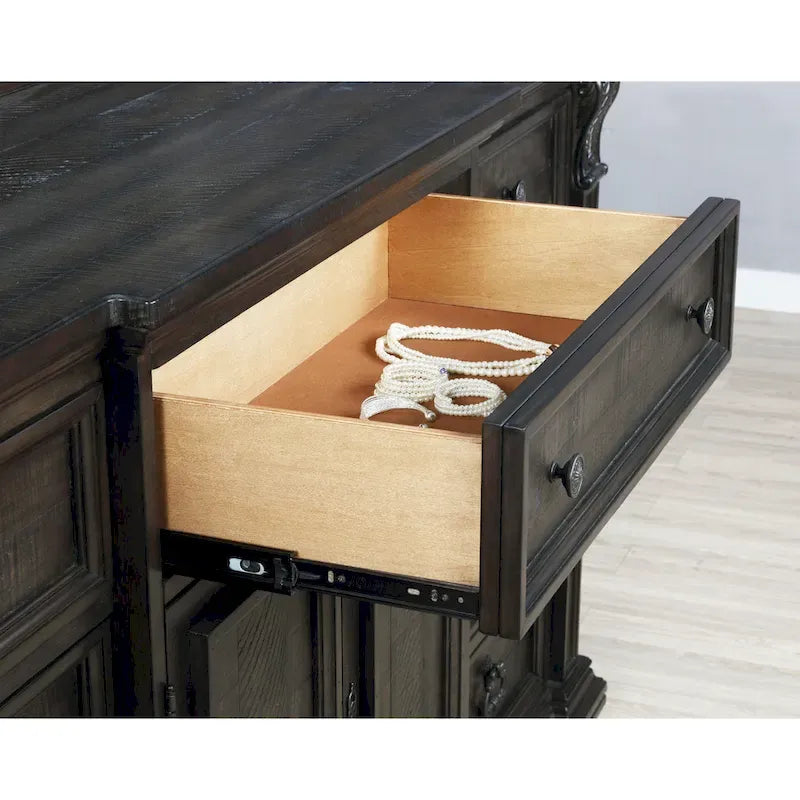 Lit, commode, miroir et deux tables de chevet en bois finition noyer foncé vieilli Farson de Roundhill Furniture