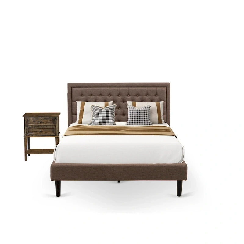 Ensemble de lit Queen Size East West Furniture - Cadre de lit, tête de lit marron, petite table de chevet - Pieds à finition noire ((Options de table de chevet)
