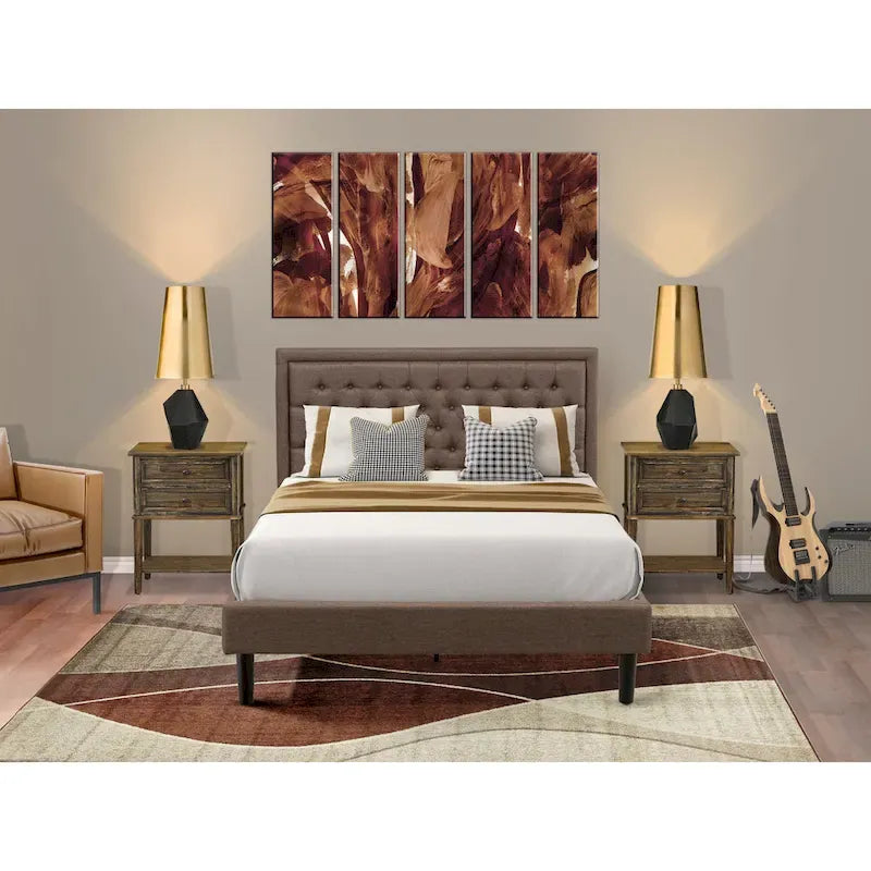 Ensemble de lit Queen Size East West Furniture - Cadre de lit, tête de lit marron, petite table de chevet - Pieds à finition noire ((Options de table de chevet)